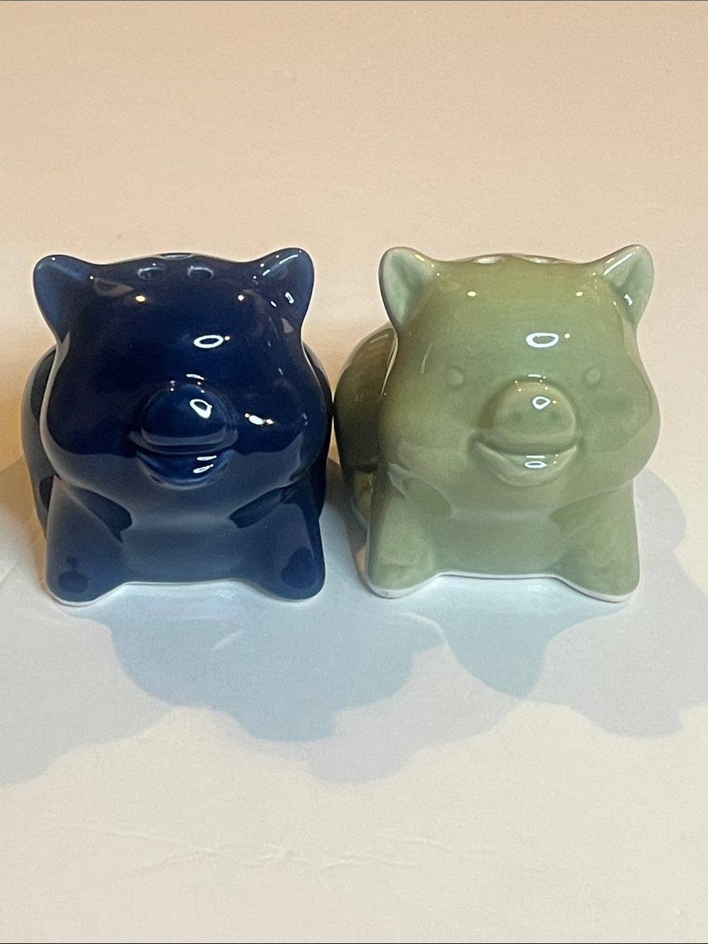 Ceramic Pig Salt and Pepper Shaker Set - Navy and Sage
